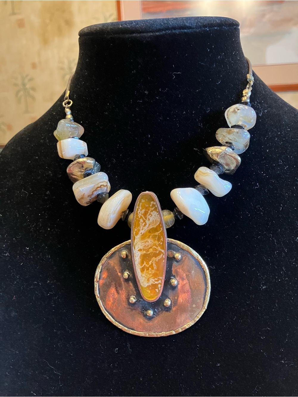 AMBER AND COPPER BRUTALIST PIECE HANDCRAFTED with AGATE STONES